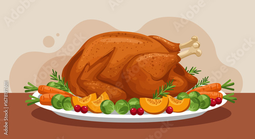 A roasted turkey is presented on a white plate with vegetables including carrots brussels sprouts and squash