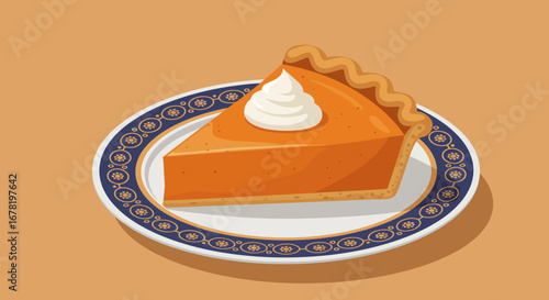 A slice of pumpkin pie topped with whipped cream on an ornate plate