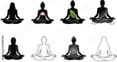 Yoga meditation woman silhouette, sitting lotus pose, spiritual energy balance, peaceful wellness art, mindfulness calm design, flat vector illustration