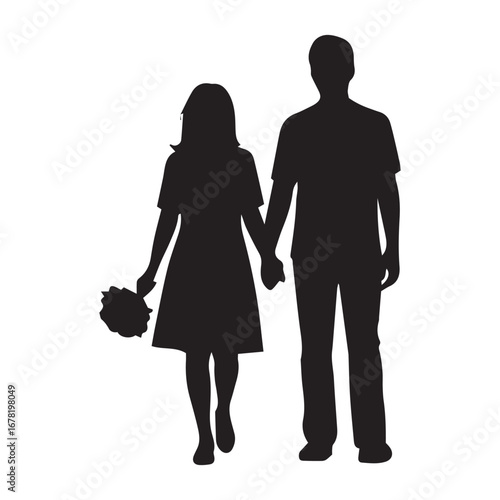 Silhouette of a couple holding hands, woman carrying flowers, romantic stroll.