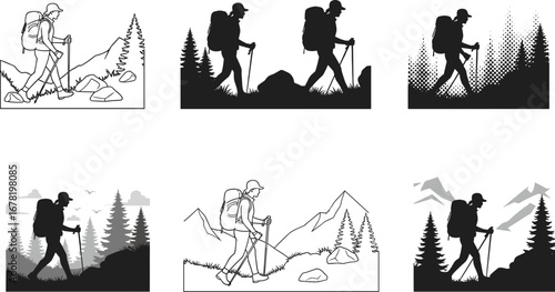 Man hiking in forest, trekking mountain trails, nature exploration journey, backpack adventure silhouette, scenic wilderness travel background, flat vector illustration