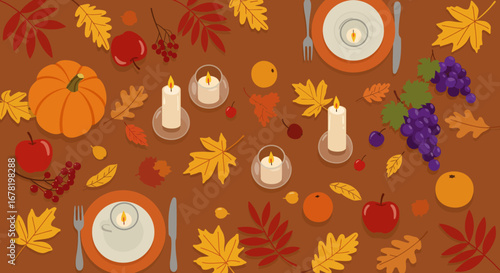 An autumnal feast features a pumpkin apples grapes foliage candles and place settings on a brown surface
