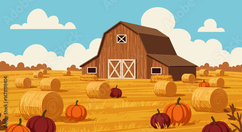 Barn pumpkins and hay bales sit in a sunlit autumn field under a blue sky