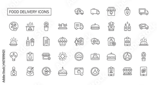 Outline style food delivery symbols representing various aspects of online ordering and transportation of meals for convenience and efficiency.