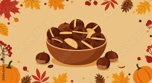 Bowl of cracked chestnuts amidst autumn foliage  pumpkins on tan background