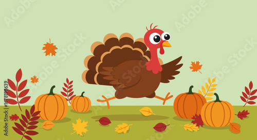 Cartoon turkey running near pumpkins and leaves on a green background