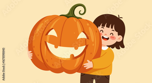 Cheerful girl hugging a large grinning Halloween pumpkin against a soft yellow backdrop