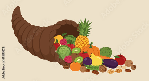 Cornucopia illustration fruits vegetables nuts spilling from a brown horn