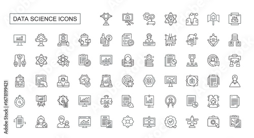 Data science symbols representing various concepts are displayed on a white surface, conveying a modern and technological theme.