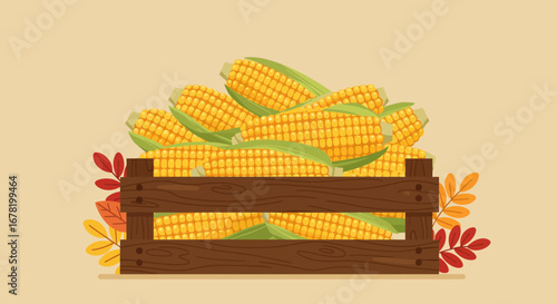 Crate overflows with corn surrounded by colorful autumn leaves