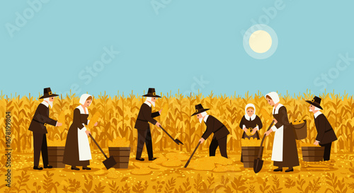 Depicts Pilgrims harvesting corn in a field under a sunny sky