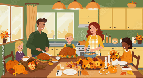 Family gathering for a Thanksgiving meal with food on the table  kitchen backdrop