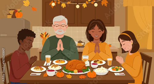 Four people with clasped hands at a Thanksgiving table surrounded by food