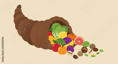 Horn of plenty overflowing with fruits vegetables and nuts on a beige background