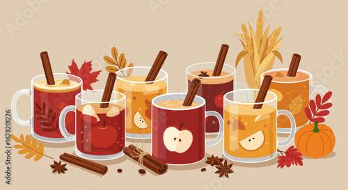 Illustrated autumn drinks mugsglasses filled with spiced beverages and cinnamon sticks Leaves corn pumpkin
