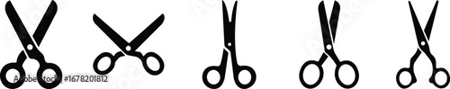 Scissor Icon Set, Collection and Group Black Cutting Tool, Barber Shears, Tailor Scissors, Craft Knife Symbol Vector in Flat Style for Fashion, Sewing, Hairdressing and Creative Design