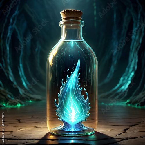 Captivating bioluminescent essence contained within a glass bottle, evoking mystery and wonder in a dark, ethereal setting