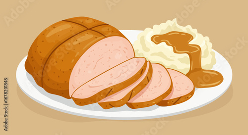 Plate with sliced meatloaf topped with gravy and mashed potatoes