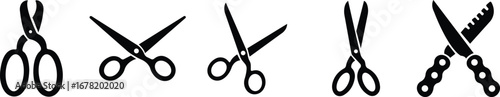 Scissor Icon Set, Collection and Group Black Cutting Tool, Barber Shears, Tailor Scissors, Craft Knife Symbol Vector in Flat Style for Fashion, Sewing, Hairdressing and Creative Design