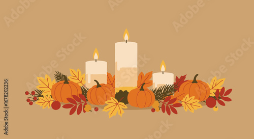 Pumpkins leaves berries and three burning candles on a brown background create a fall harvest arrangement