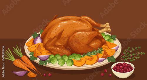 Roasted turkey on platter with vegetables cranberries in bowl