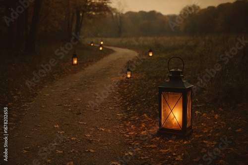 A serene autumn path illuminated by glowing lanterns, creating a warm and inviting atmosphere perfect for storytelling or cozy event themes.