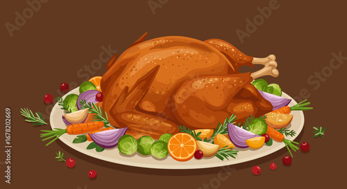 Roasted turkey served on a platter with vegetables