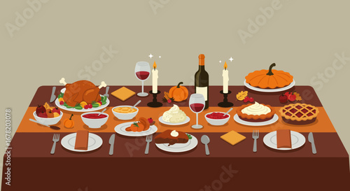 Thanksgiving dinner turkey pies wine side dishes on a festive table