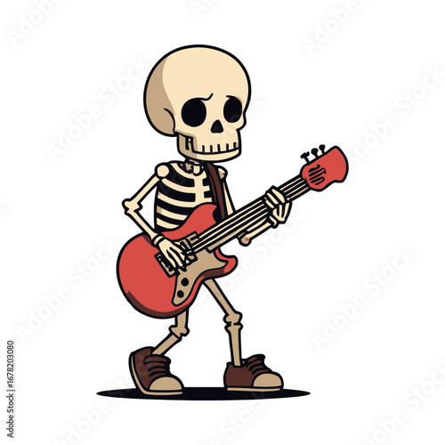 Cartoon skeleton character playing a red electric guitar.