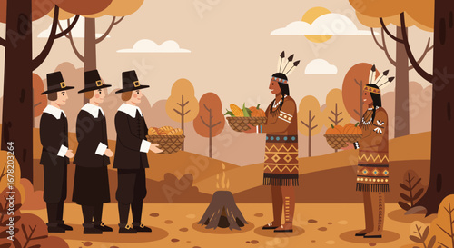 Thanksgiving scene shows Pilgrims  Native Americans exchanging gifts in autumn forest near a campfire