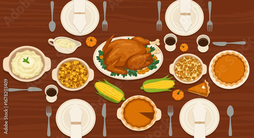 Thanksgiving table setting turkey pie plates corn potatoes stuffing cutlery gravy pumpkins coffee on a brown wood surface
