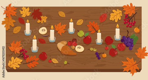 Thanksgiving table leaves candles cornucopia apples grapes on wood