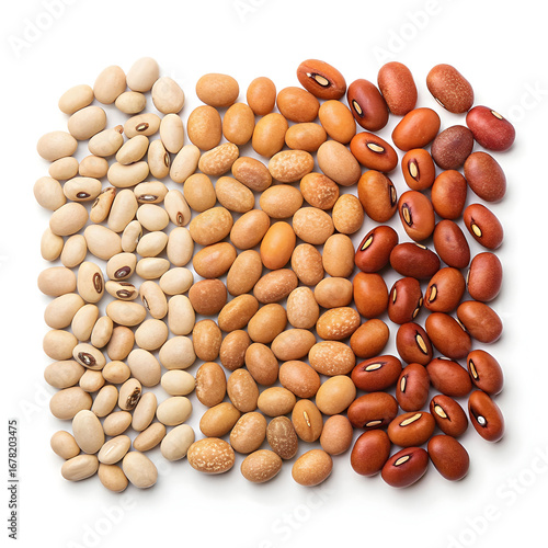Close-up of dried tepary beans spread evenly on a white background, highlighting their small