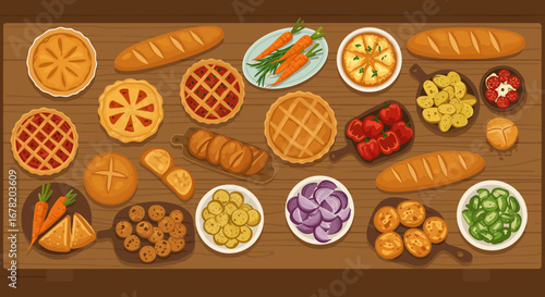 Wood table covered in food pies bread carrots tomatoes potatoes onion peppers and greens
