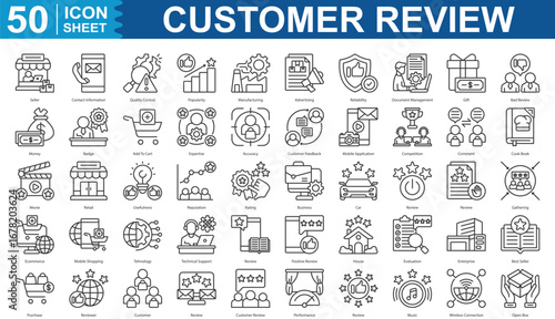 Customer Review Icon Set Collection Concept With Icon Of seller, contact information, quality control, popularity, manufacturing, advertising, reliability, document editble stroke eps 10