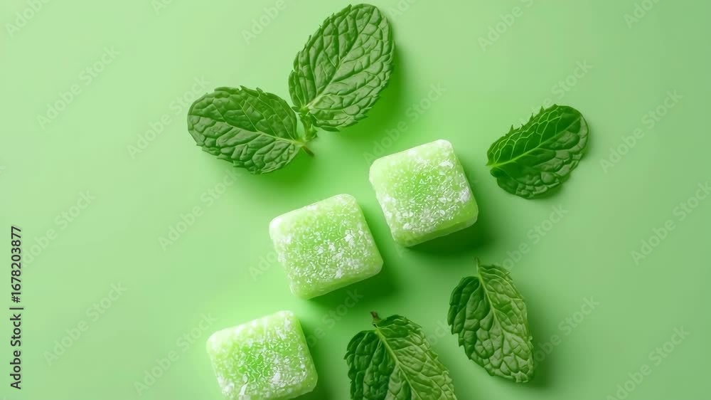 Green mint candy cubes with fresh mint leaves on pastel background