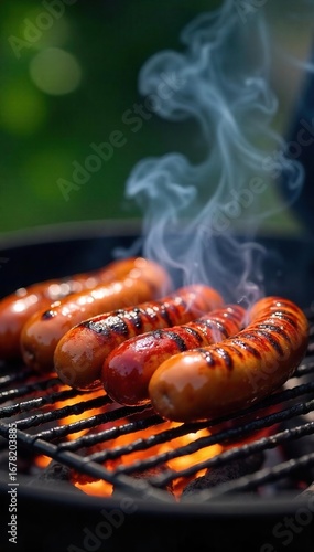 Juicy bratwurst sizzling on a hot barbecue grill, perfect summer food  Smoke rises, creating a mouthwatering scene  Ideal for cookout, grilling, food, and recipe websites , grill, dinner, meat