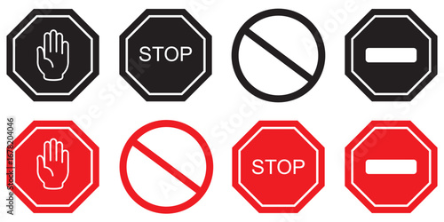 Set of Stop street icon collection. Stop hand sign with text. Red stop sign. Stop hand icon, flat palm gesture symbol for warning, caution, restriction, safety, security, traffic, and alert. EPS 10