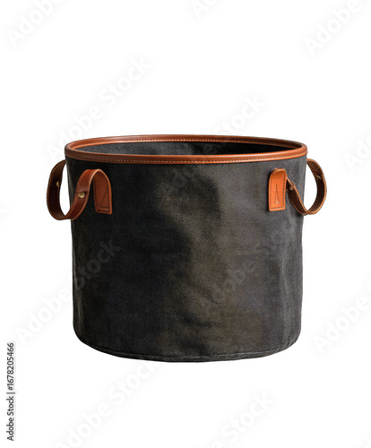 Dark gray fabric storage bin with tan leather accents