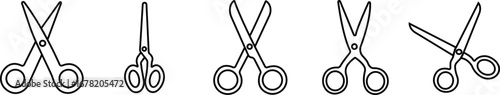 Scissor Icon Set, Collection and Group Black Cutting Tool, Barber Shears, Tailor Scissors, Craft Knife Symbol Vector in Line Style for Fashion, Sewing, Hairdressing and Creative Design