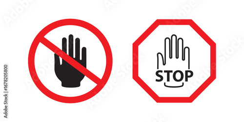 Enhance safety visuals with our Stop Red Sign Icon Set, Warning symbol. stop hand icon, flat palm gesture symbol for warning, caution, restriction, traffic safety, danger, and alert. EPS 10