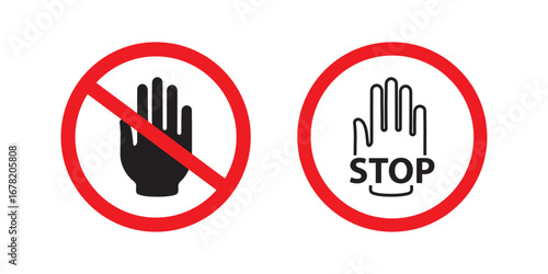 Enhance safety visuals with our Stop Red Sign Icon Set, Warning symbol. stop hand icon, flat palm gesture symbol for warning, caution, restriction, traffic safety, danger, and alert. EPS 10
