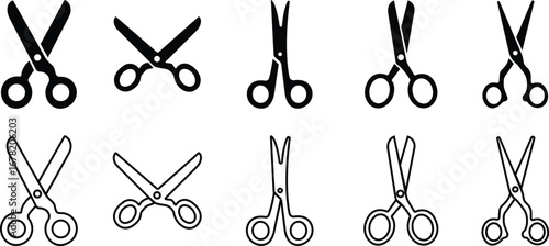 Scissor Icon Set, Collection and Group Black Cutting Tool, Barber Shears, Tailor Scissors, Craft Knife Symbol Vector in Flat and Line Style for Fashion, Sewing, Hairdressing and Creative Design
