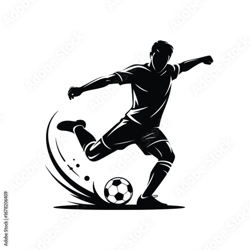 Dynamic Soccer Player Silhouette Illustration Kicking Ball with Motion Effect on White Background for Sport Design and Print