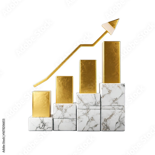 Gold bar graph rising on white marble steps