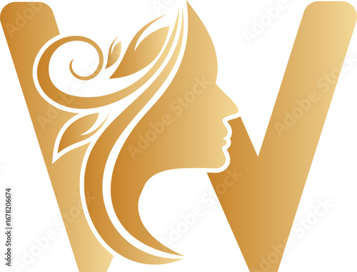 Elegant Golden Beauty Logo Initial Letter W with Silhouette and Botanical Elements
