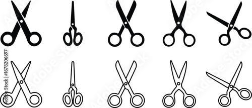 Scissor Icon Set, Collection and Group Black Cutting Tool, Barber Shears, Tailor Scissors, Craft Knife Symbol Vector in Flat and Line Style for Fashion, Sewing, Hairdressing and Creative Design