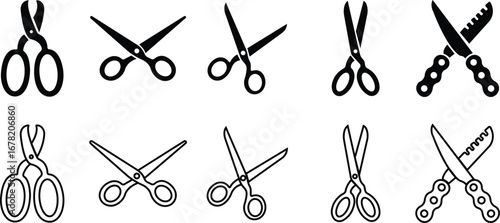 Scissor Icon Set, Collection and Group Black Cutting Tool, Barber Shears, Tailor Scissors, Craft Knife Symbol Vector in Flat and Line Style for Fashion, Sewing, Hairdressing and Creative Design