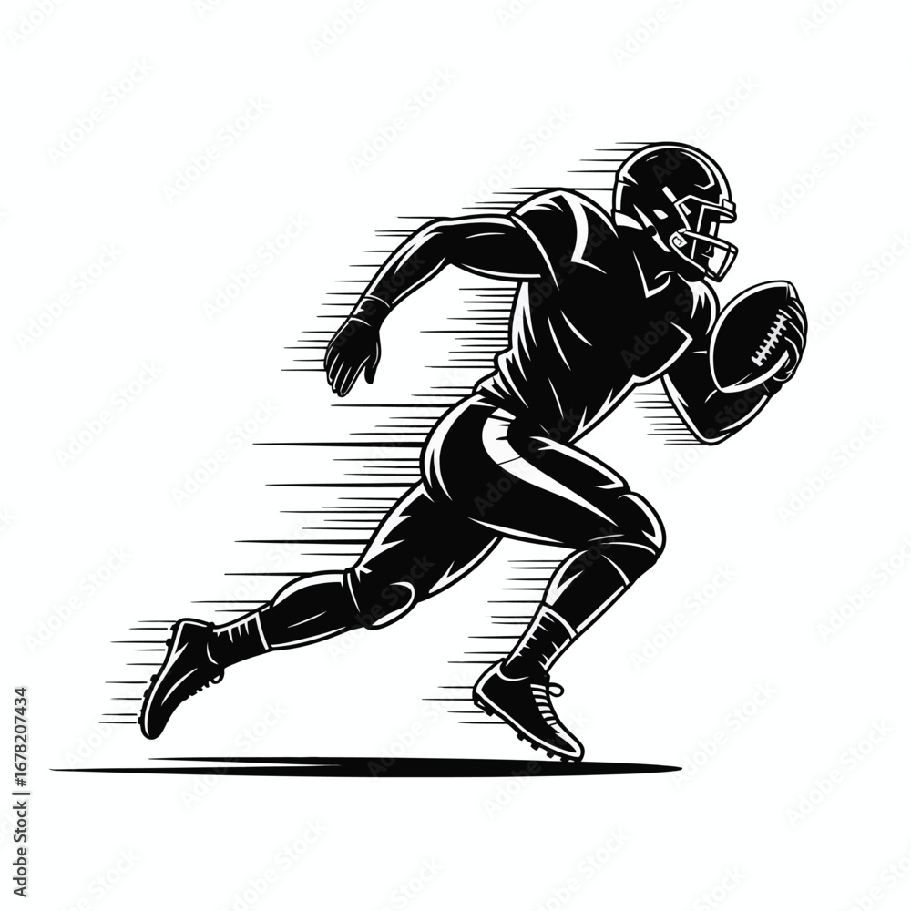 Fototapeta premium American Football Player Running with Ball Silhouette Illustration in Black and White Style for Sport Design and Athletic Concepts