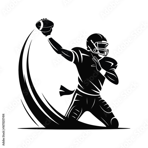 American Football Quarterback Throwing Ball Silhouette Illustration in Black and White Style for Sport Design and Athletic Concepts